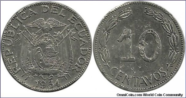 Ecuador 10 Centavos 1964 - Ni clad steel