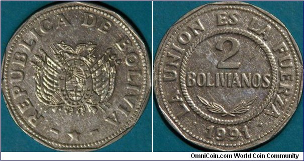 2 Bolivianos, 11 sided rim, steel, 27 mm.