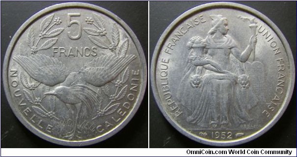 New Caledonia 1952 5 franc. Nice condition. Weight: 3.79g. 