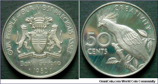 Guyana 50 cents.
1980, Struck in Franklin Mint.
Hoatzin bird on reverse.