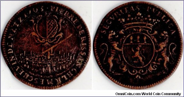 very scarce `city view' copper jeton issued in 1703 for Pierre de Rissan, the Sherrif of Metz at that time.