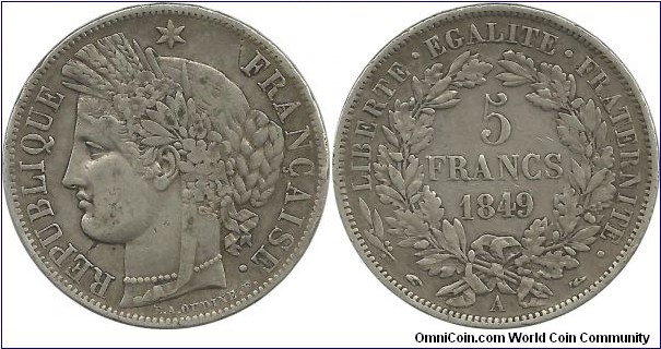 France 5 Francs 1849A