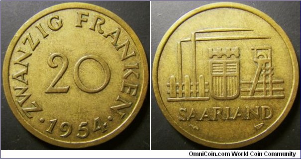 Saarland 1954 20 franken. Slight die rotation. Weight: 3.97g. 