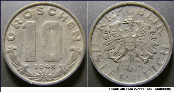 Austria 1948 10 groschen overstruck over German 10 pfennig, possibly Nazi era coinage. Weight: 3.45g. 