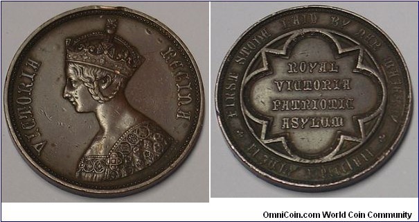 1857 UK Victoria Foundation of Royal Victoria Patriotic Asylum Medal by W.J.Taylor. Bronze: 46MM.Obv:  Victoria Gothic Head to left. Legend VICTORIA REGINA. Rev: ROYAL VICTORIA PATRIOTIA HSYLUM , legend FIRST STONE LAID BY HER MAJASTY 11 JULY MDCCCLVII.

