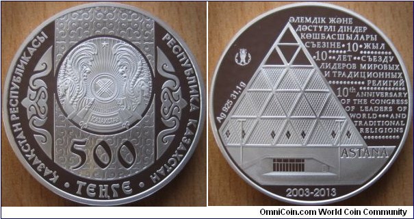 500 Tenge - 10th congress of the religions - 31.1 g Ag .925 Proof - mintage 3,000