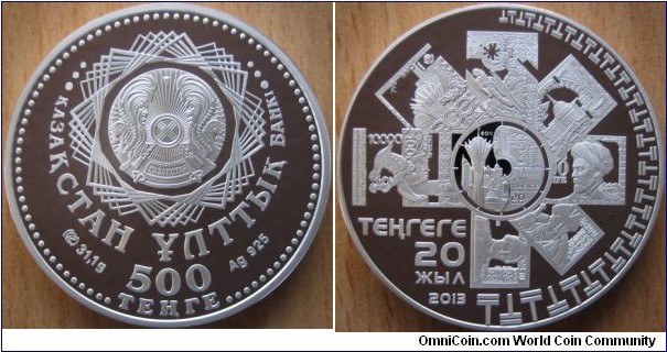 500 Tenge - 20 years of national currency - 31.1 g Ag .925 Proof - mintage 5,000