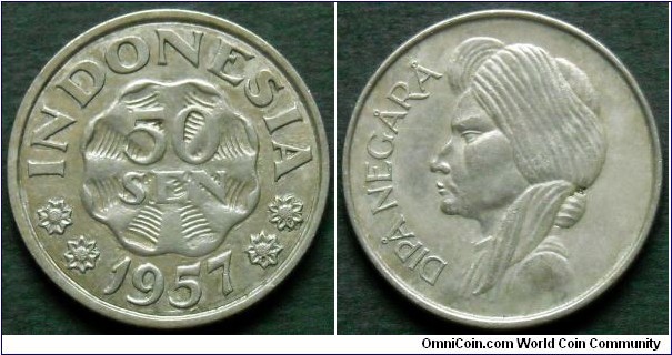Indonesia 50 sen.
1957, Cu-ni.