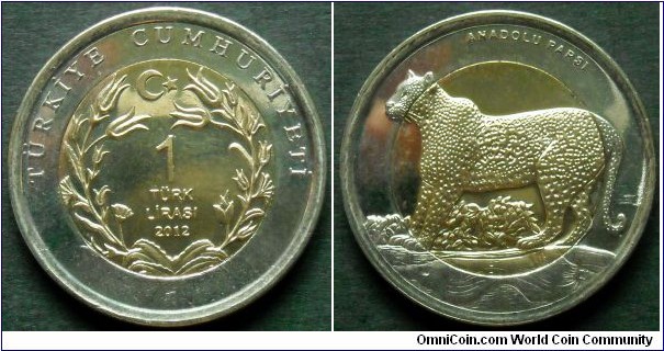 Turkey 1 lira.
2012, Anatolian Leopard.
Bimetal.