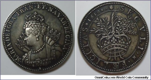1610 France Coronation of Marie De Medici Medal by P. Reignier . Silver: 45MM./44.5 gms.
Obv:  Crowned Bust left wearing embroidered dress with wide and deep lace ruff. Legend MARIA. DEIGRA. FRAN. ET. NAVAR.REGINA. Rev: Crown with three kinds of leaves. Legend FAE L ICI T AS. 1610  SEC V LI. 
