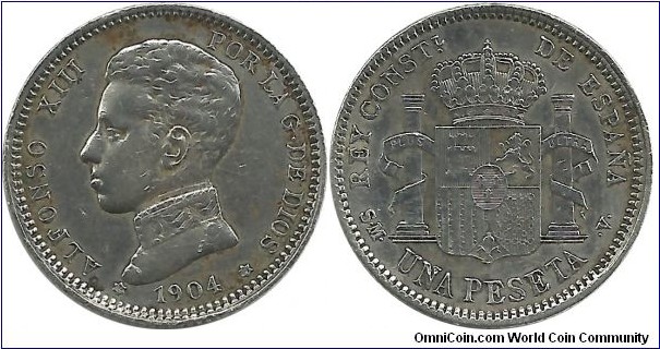 Spain 1 Peseta 1904 - King Alfonso XIII