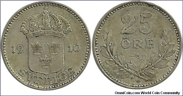 Sweden 25 Öre 1910 - King Gustaf V