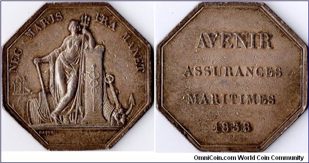 scarce and hard to find silver jeton minted for L'Avenir, a french maritime assurer which seems to have sank without trace. This being the only jeton issued (marking its inauguration in 1838).
