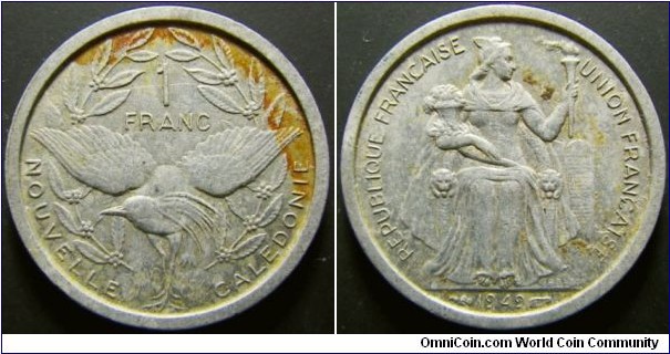 New Caledonia 1949 1 franc. Weight: 1.32g. 