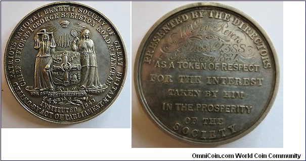 1884 UK United Patriots Society of Great Britain Medal minted by John  Pinches.. Silver: 48MM./50 gms.
Obv: PRESENTED BY THE DIRECTORS Mr. Geo, Revers 2d Div. No. 4388 January 1884 AS A TOKEN OF RESPECT FOR THE INTEREST TAKEN BY HIM IN THE PROSPERITY OF THE SOCIETY. Rev: UNITED PATRIOTS NATIONAL BENEFIT SOCIETY OF GREAT BRITAIN. BY ACT OF PARLIAMENT. CHIEF OFFICE NO.1 GEORGE ST. EUSTON ROAD ST. PANCRAS INSITUTED 1843. FOR OUR COUNTRY OFFSPRING & FRIENDS.
