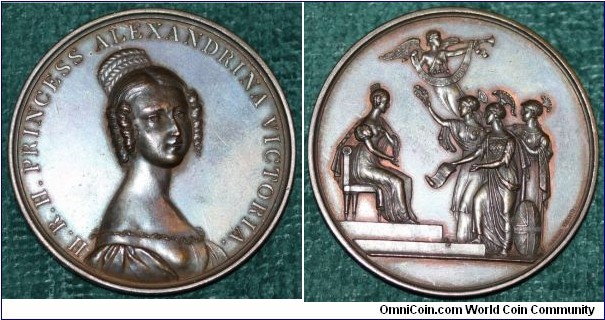 1837 Pre-1837 Princess Queen Alexandrina Victoria Medal by Davis Birm. Silver: 51MM./51.5 gms.
Obv: Bust of Princess face right. Legend H.R.H. PRINCESS ALEXANDRINA VICTORIA. Rev: Princess seated to be crownd by figures representing Scotland, Ireland & England. Angle flying above with banner ENGLAND HOPE. Signed DAVIS BIRM. 
