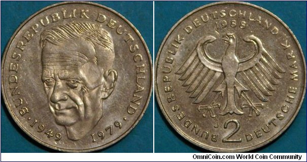 2 Deutsche Mark, with Kurt Schumacher. Spent most of WWII in concentration camps, became first leader of the revived Social Democratic Party of Germany.  Cu-Ni, 28mm