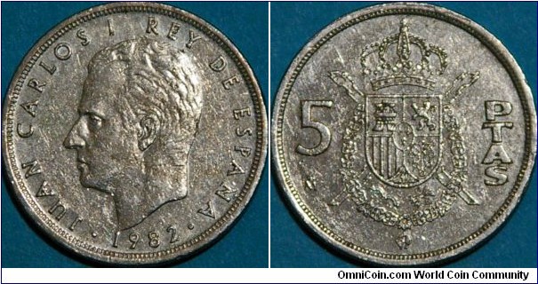 5 Ptas (Pesetas), with Juan Carlos, Cu-Ni, 23 mm