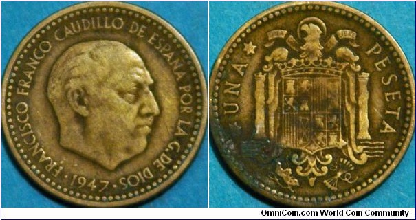 1 Peseta,with Francisco Franco, Al-Bronze, 21 mm.