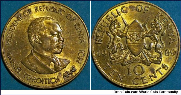 10 cents, with president Daniel Toroitich, coat of arms with 2 lions, Ni-brass, 31 mm