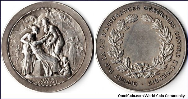 silver jeton /medal by Oscar Roty minted circa 1910 for the Compagnie D'Assurances Generales Contre L'Incendie, a Paris based insurance company covering fire risks.