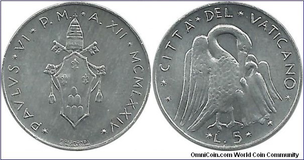 Vatican 5 Lire 1974