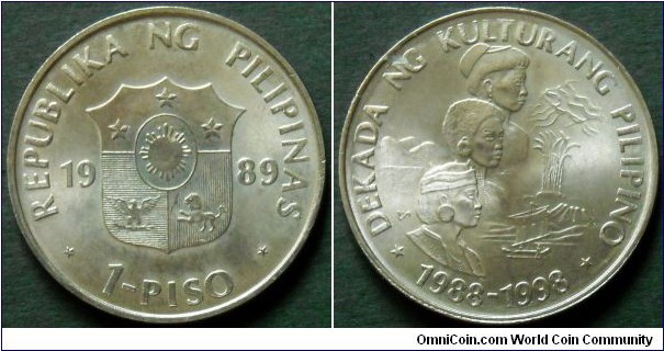 Philippines 1 piso.
1989, Philippine Culture Decade.
Cu-ni. Weight; 9,5g.
Diameter; 28,5mm.