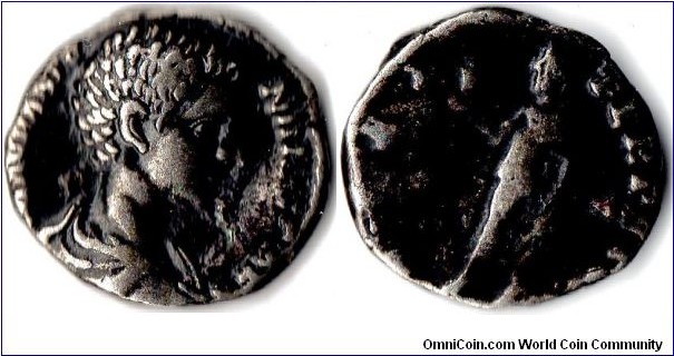 Caracalla (as Caesar)silver denarius minted 196 ad at Rome. Rev: `Spei Perpetuae'. dark toned.