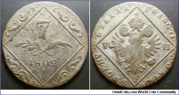 Austria 1802 7 kreuzer overstruck over 1795 12 kreuzer. Old cleaning. Weight: 3.95g. 