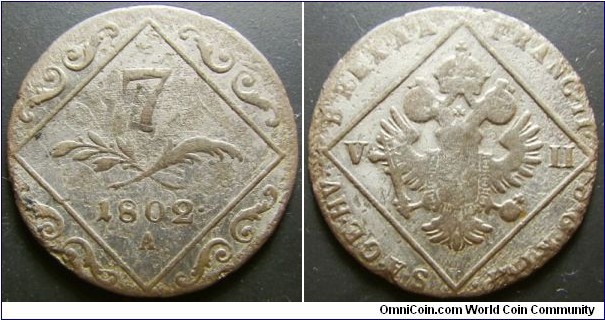 Austria 1802 7 kreuzer overstruck over 1795 12 kreuzer. Old cleaning. Weight: 3.95g. 