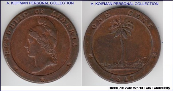 KM-1, 1847 Liberia cent; copper, plain edge; good very fine, glossy brown