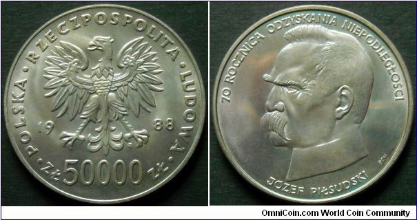 Poland 50000 złotych. 70th Anniversary of Independence.
Józef Piłsudski Marshal of Poland.
Ag 750.