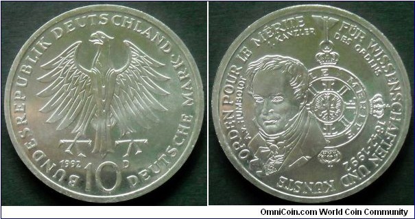 German Federal Republic (West Germany) 10 mark.
1992 (D) 150th Anniversary of Order Pour-le-Merite.
Ag 650.