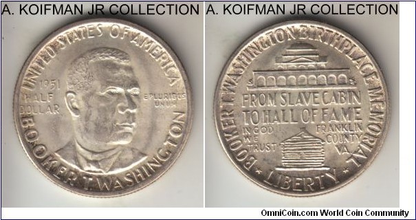 KM-198, 1946 Unites States half dollar, Philadelphia mint (no mint mark); silver, reeded edge; Booker T. Washington commemorative, mintage 51,082; above average uncirculated with light toning along the edge.
