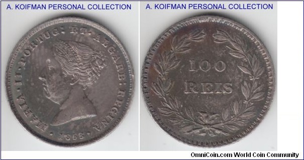 KM-488, 1853 Portugal 100 reis; silver, reeded edge; pleasant toned Maria II scarce one type issue with mintage of 66,000, good extra fine plus