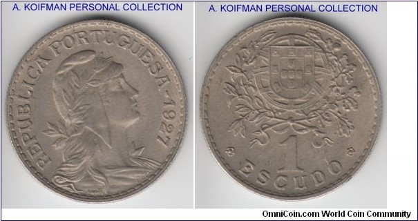 KM-578, 1927 Portugal escudo; copper-nickel, reeded edge; nice uncirculated or almost specimen, scarcer in high grades