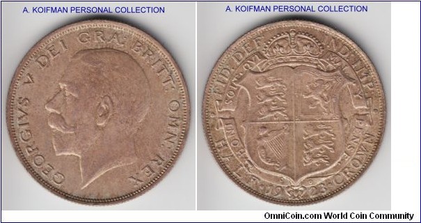 KM-818.2, 1923 Great Britain 1/2 crown; silver, reeded edge; uncirculated, light gunmetal toning.