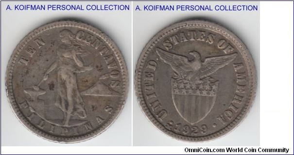 KM-169, 1929 Philippines  10 centavo, Manila mint (M mintmark); silver, reeded edge; very fine or better, few small rim dings