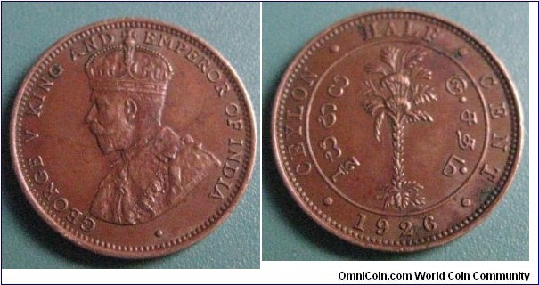 British Ceylon 1926 1/2 Cent King George V