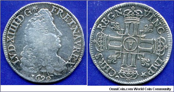 Half Ecu.
Ludovicus XIV (1643-1715).
* - Star - Rennes mint.


Ag917f. 13,544gr.