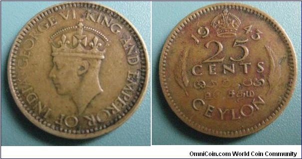 1943 British Ceylon 25 Cents Nickel Brass Coin. British King George VI.