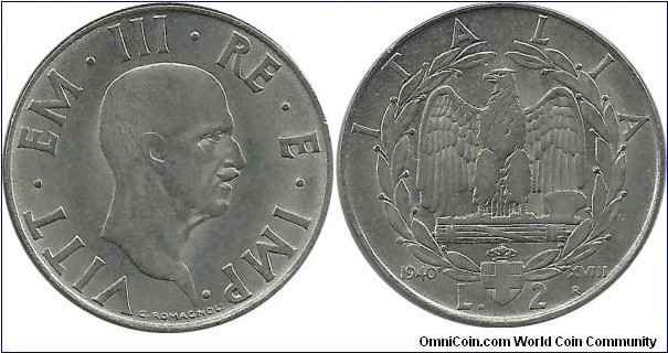 Italy 2 Lire 1940R-XVIII