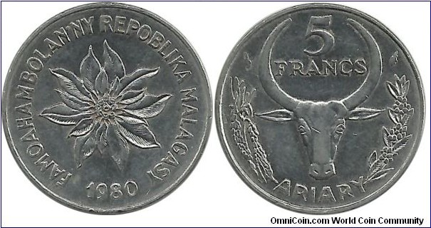 Madagaskar 5 Francs = 1 Ariary 1980