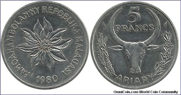 Madagaskar 5 Francs = 1 Ariary 1980