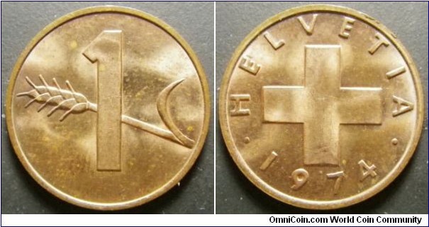 Switzerland 1974 1 rappen. Fingerprint stain. Weight: 1.52g. 