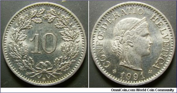 Switzerland 1991 10 rappen. Weight: 3.00g. 