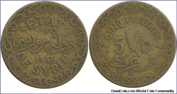 Syria-French 5 Piastres 1935