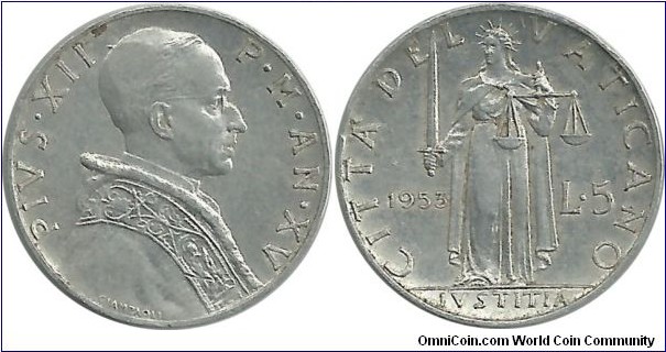 Vatican 5 Lire 1953