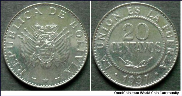 Bolivia 20 centavos.
1997, Stainless steel.