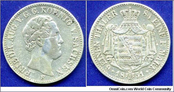 1/6 Thaler.
Kingdom of Saxony.
Friedrich August II (1836-1854), von Sachsen.
Mintage 228,000 units.


Ag521f. 5,34gr.